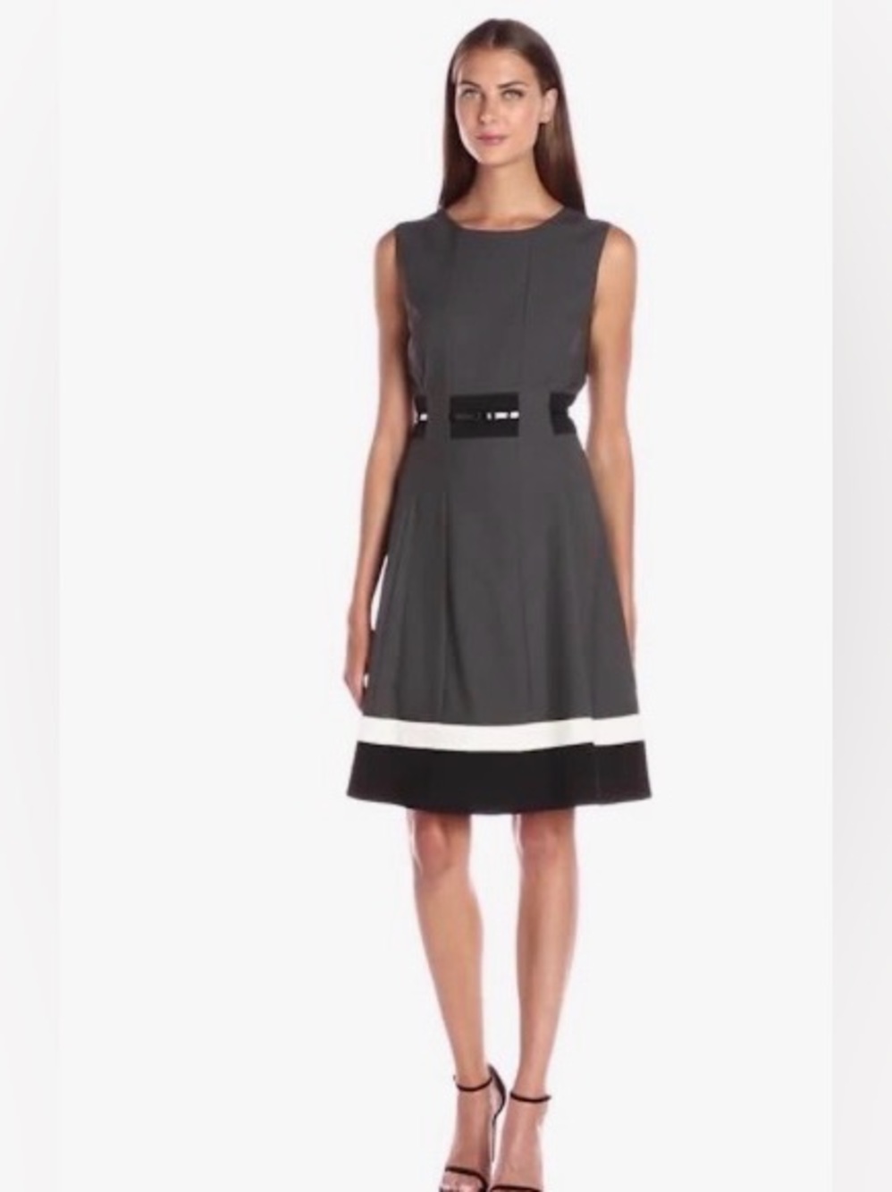 Calvin Klein Gray Colorblock Fit & Flare Belted Dress Size 16 Career Office